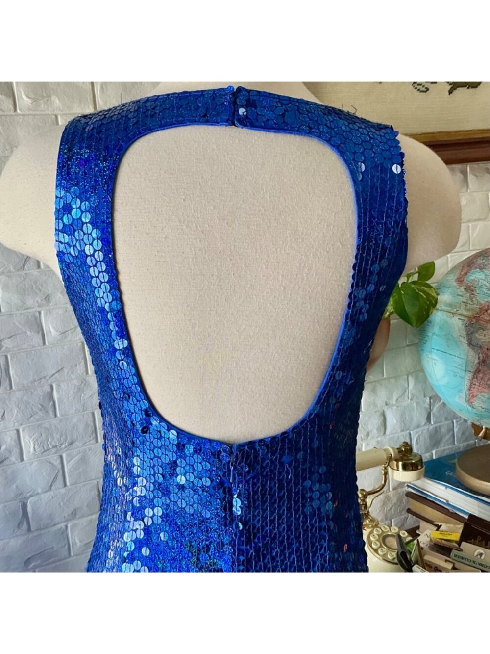 Vintage 1990s Y2K Royal Blue Sequin Halter Dress Gown + Cut-Out Back - Picture 9 of 12